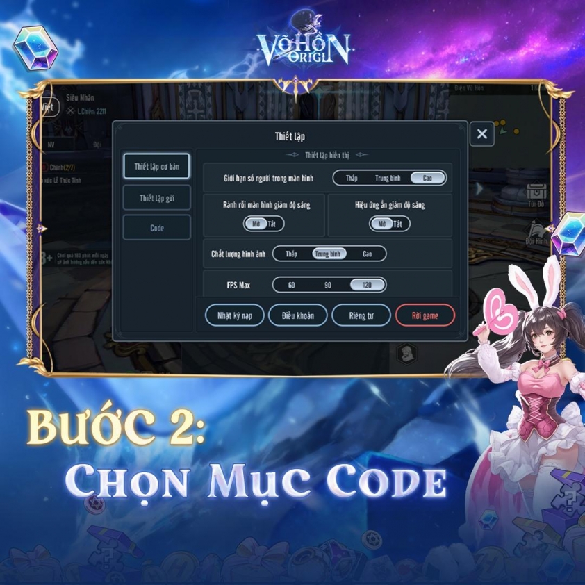 Mục nhập code trong phần thiết lập