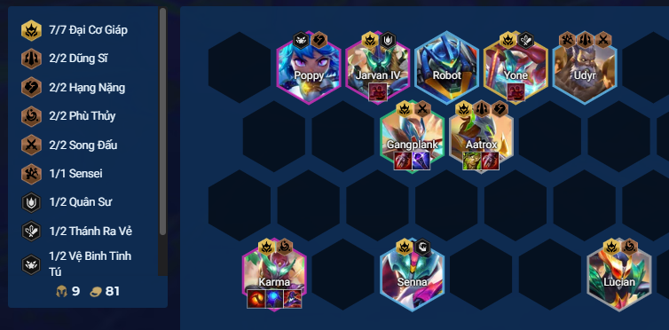 Cuối game đội hình Phi Công Chiến Giáp Sử dụng nam châm thức tỉnh lên Jarvan IV và các tướng khác