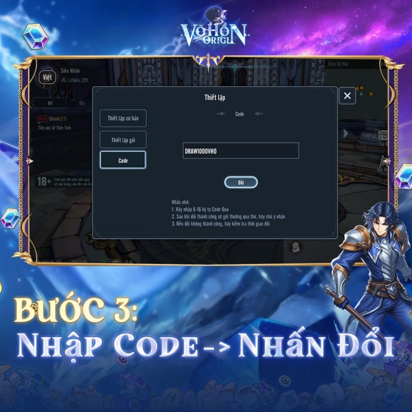 Nhập code và bấm đổi thưởng trong game