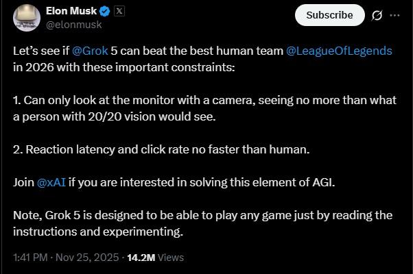 T1 chấp nhận lời thách đấu LMHT với trí tuệ nhân tạo Grok 5 của Elon Musk T1 đối đầu Grok 5